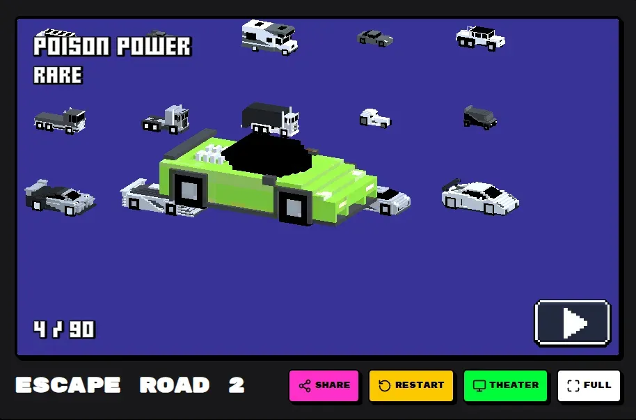 Escape Road 2 garage showcasing unlockable vehicles including sports cars and tanks